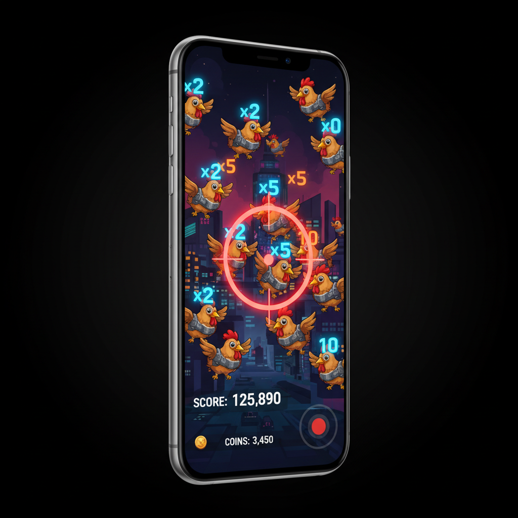 Chicken Shoot running on a phone mockup with touch controls